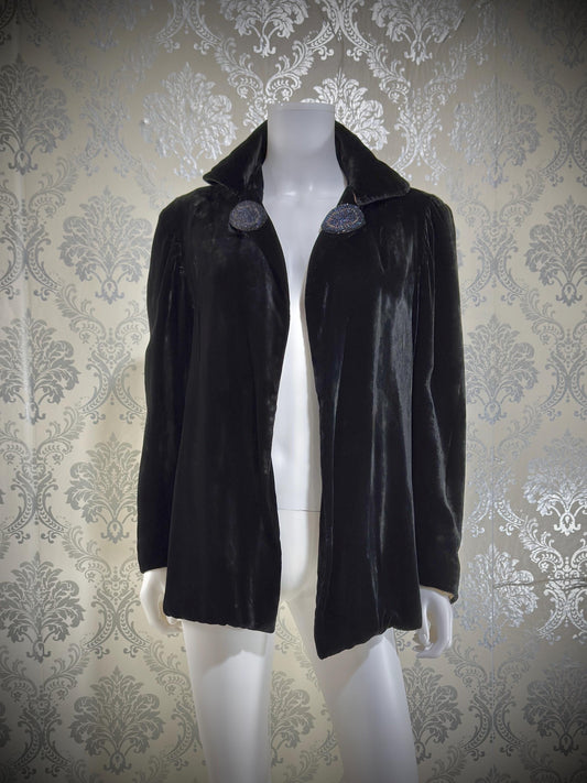 1930s Vintage Velvet Evening Jacket, Black Silk Velvet Swing Cocktail Coat