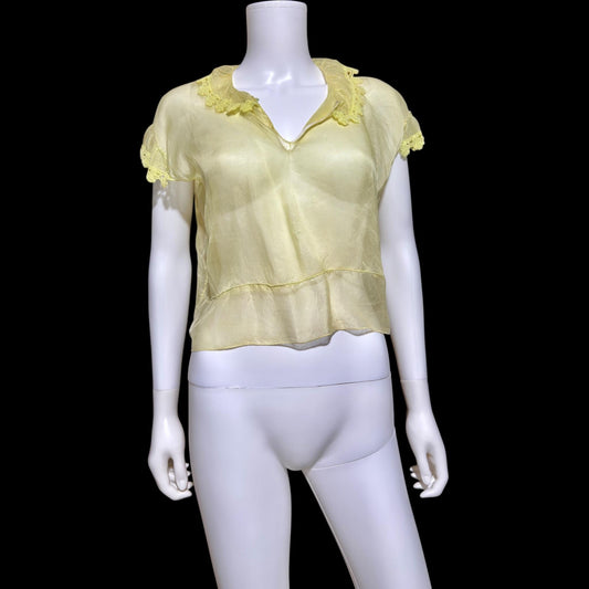 1930s Vintage blouse top, yellow sheer organza topper shirt