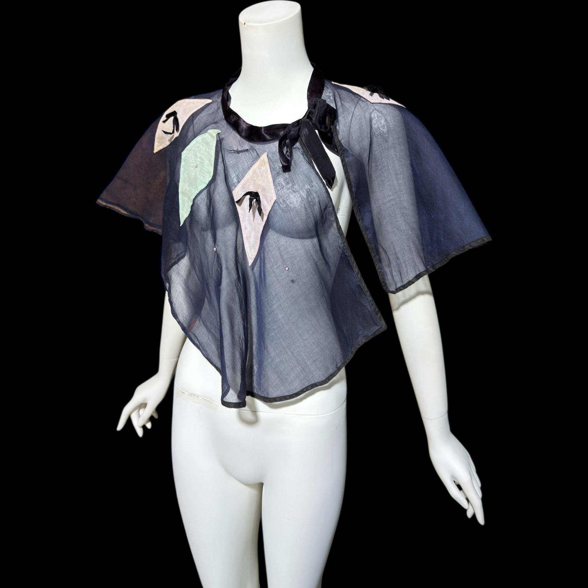 1930s Vintage collar capelet, navy blue organza harlequin shoulder cover