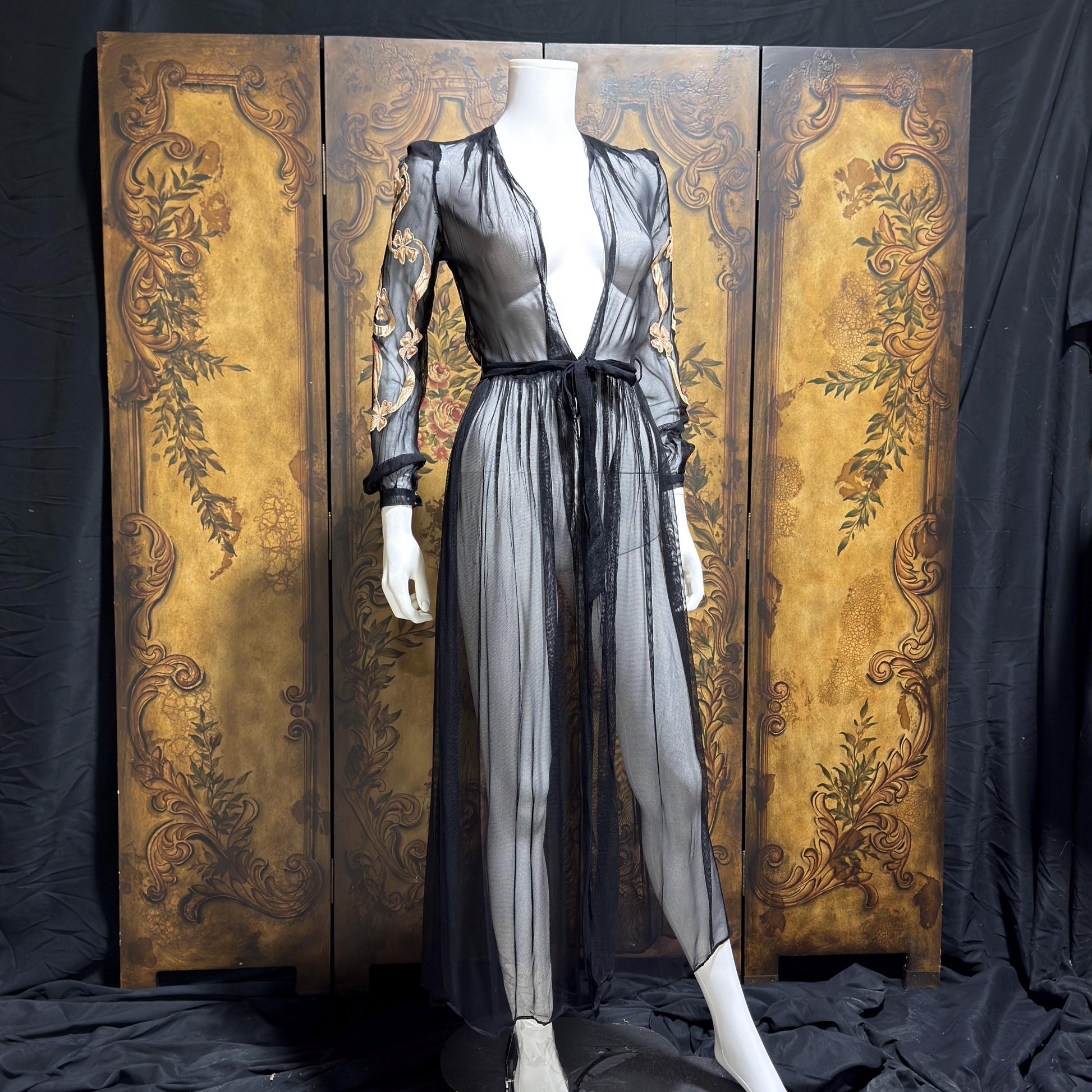 1930s Vintage dressing gown robe, Sheer black mesh lingerie housecoat