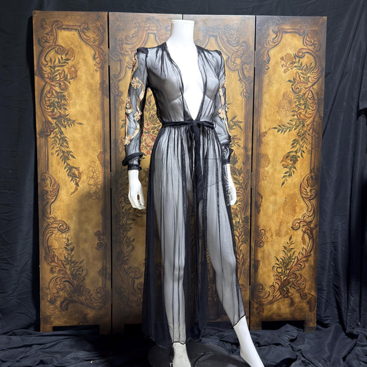 1930s Vintage dressing gown robe, Sheer black mesh lingerie housecoat