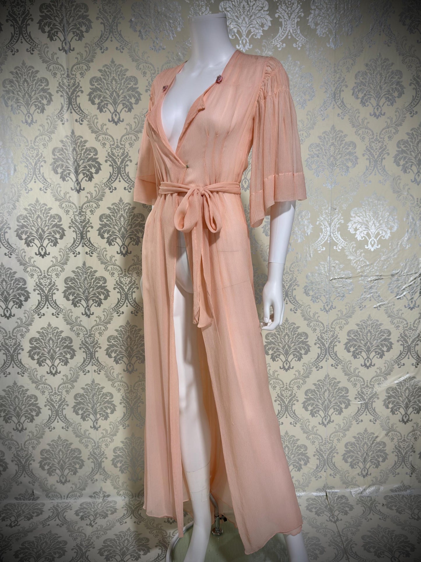 1930s Vintage silk dressing gown robe, peachy pink silk chiffon housecoat lingerie dress