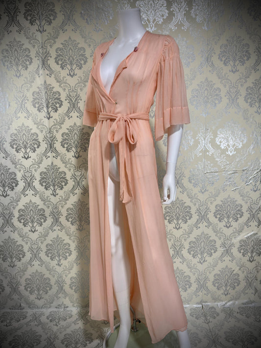 1930s Vintage silk dressing gown robe, peachy pink silk chiffon housecoat lingerie dress