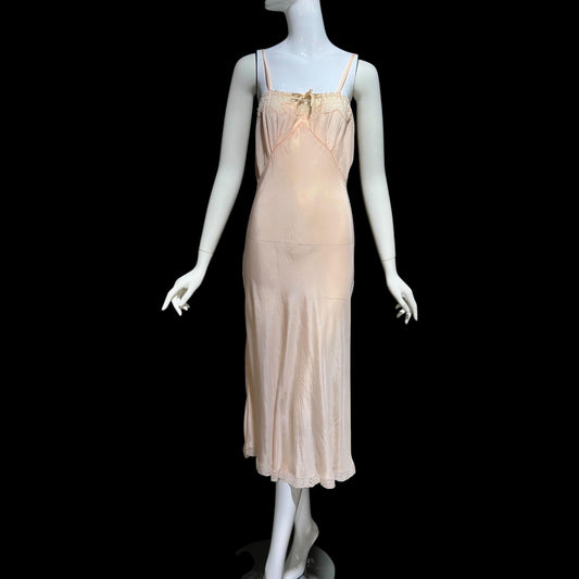 1930s vintage Pale Peachy Pink Rayon Slip Dress: Bias Cut Nightgown, Lace Trim
