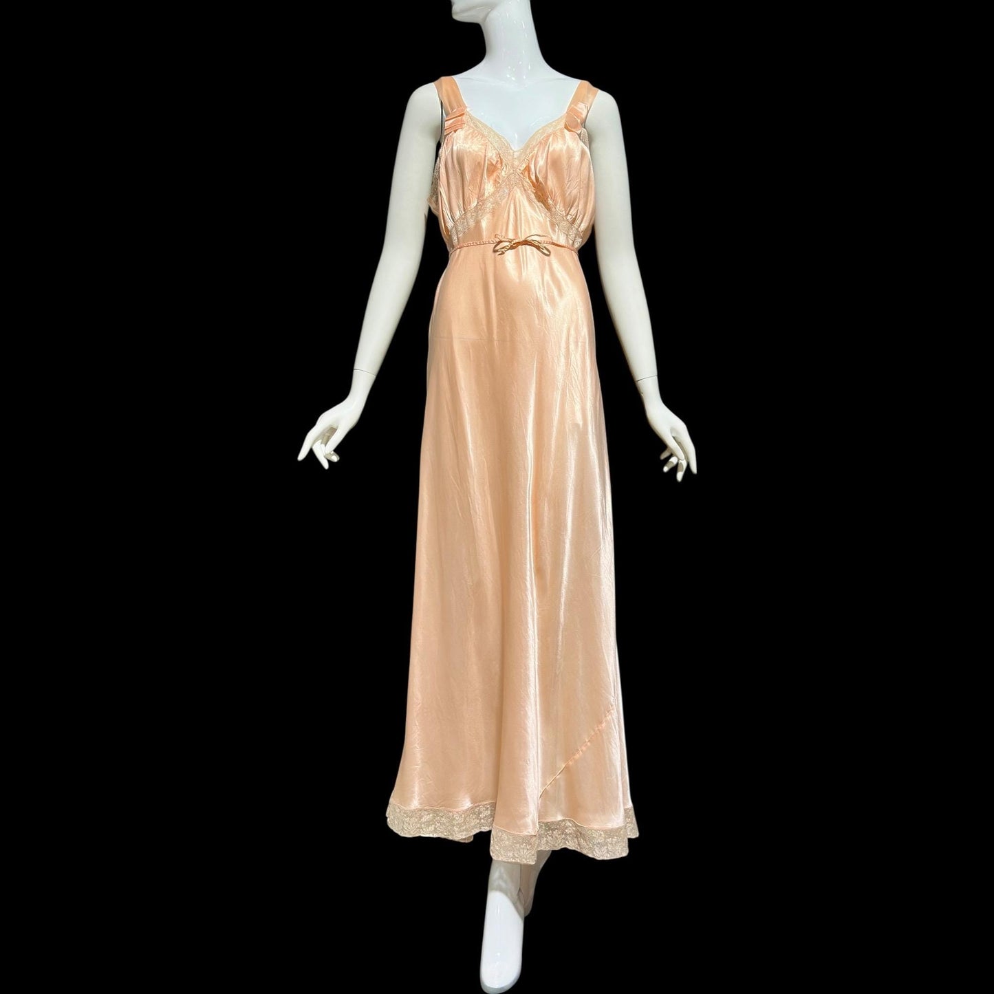 MISS SIREN, vintage 1930s Nightgown slip dress, shiny peach rayon bias cut lacy slip dress