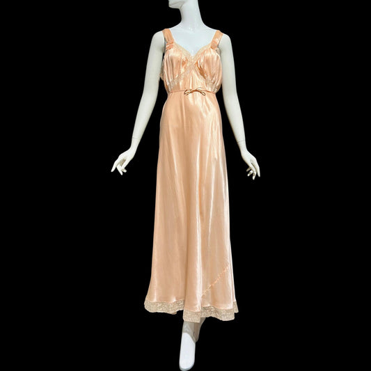 MISS SIREN, vintage 1930s Nightgown slip dress, shiny peach rayon bias cut lacy slip dress