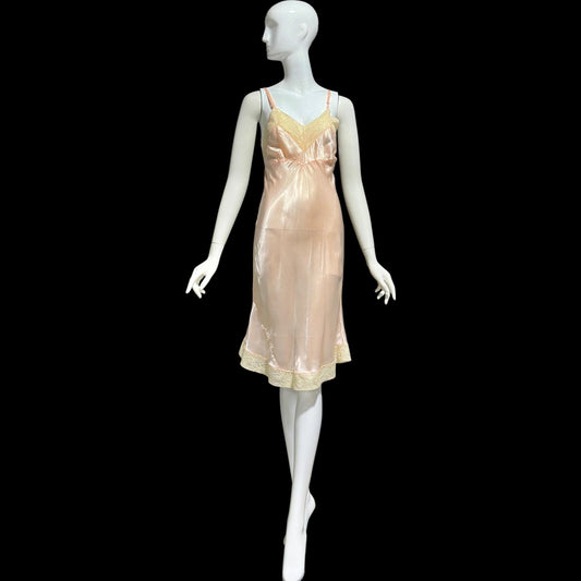 1930s Vintage Peach Slip Dress: Shiny silky Rayon Nightgown lingerie, Lace Trim