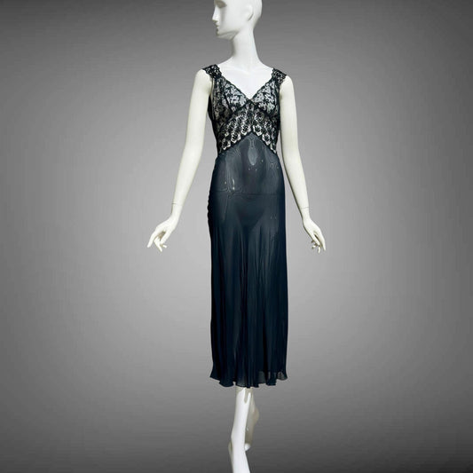 LADY DUFF, vintage 1930s Nightgown slip dress, sheer sultry black night dress, bias cut with lace