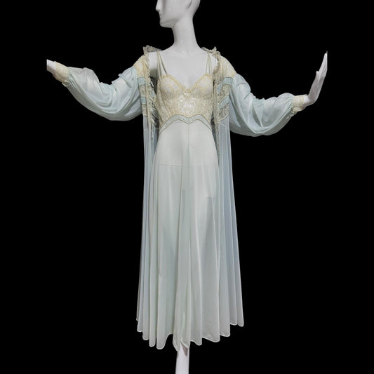1930s Vintage nightgown robe set, sheer and ethereal blue nylon and white lace slip dress and peignoir set