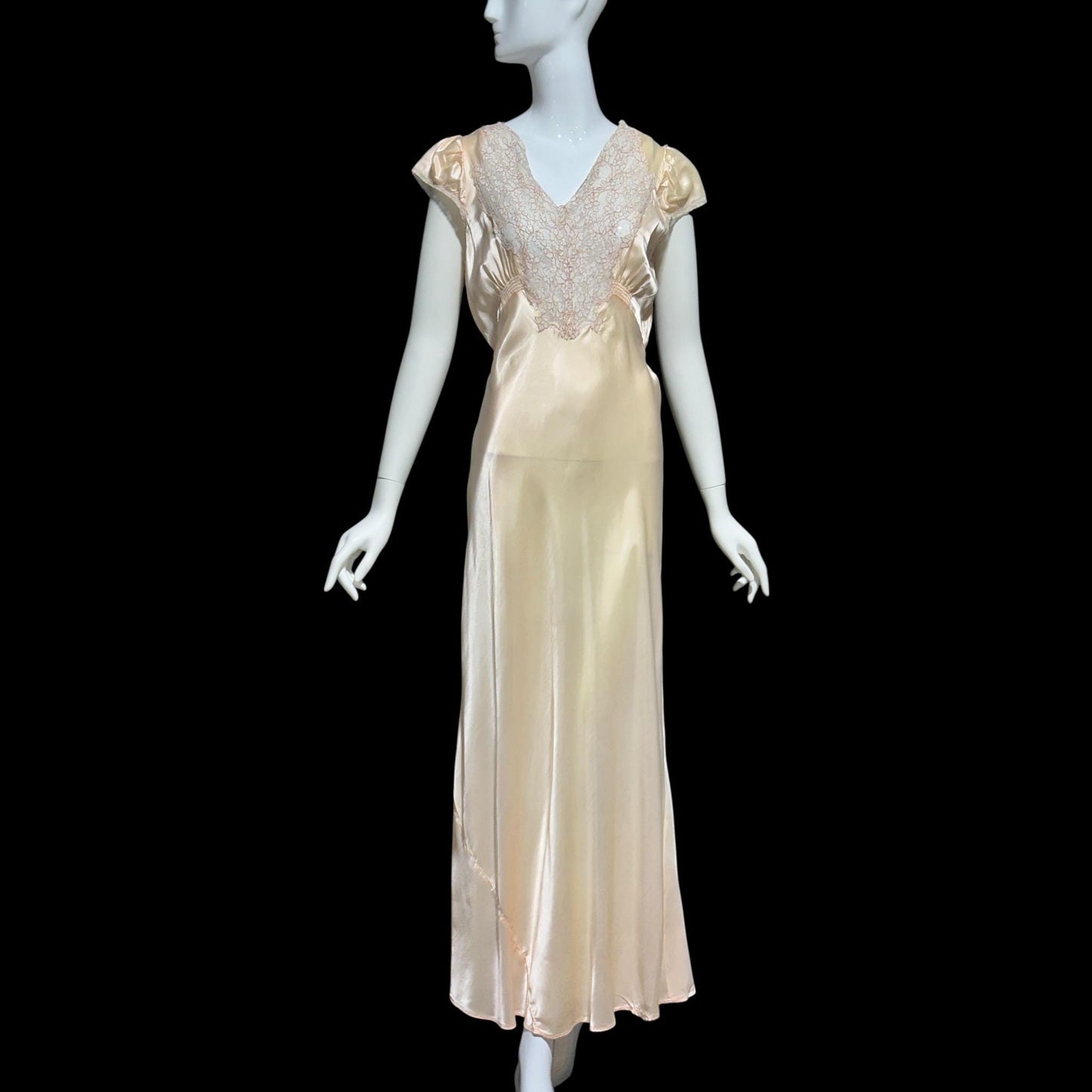 Femicraft vintage 1930s Rayon Slip Dress: Bias Cut Shiny Pale Peach Nightgown, Lace Trim