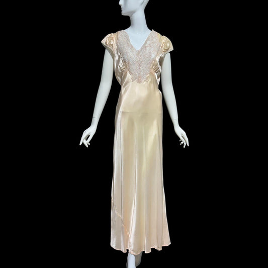 Femicraft vintage 1930s Rayon Slip Dress: Bias Cut Shiny Pale Peach Nightgown, Lace Trim