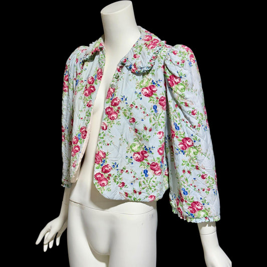 1930s vintage quilted bed jacket, blue satin with rose print short night robe