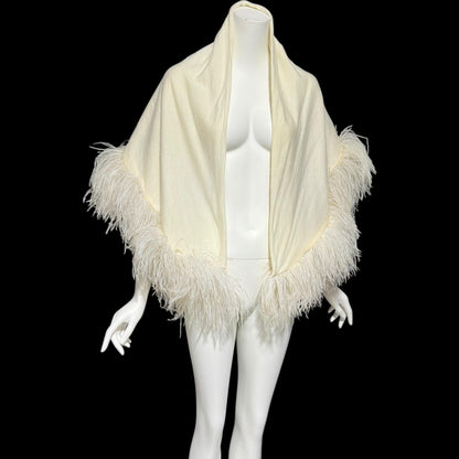 ECHO ORIGINATIONS, Vintage 1930s Ostrich Feather Cape Shawl, Creamy White warm knit evening bridal wrap