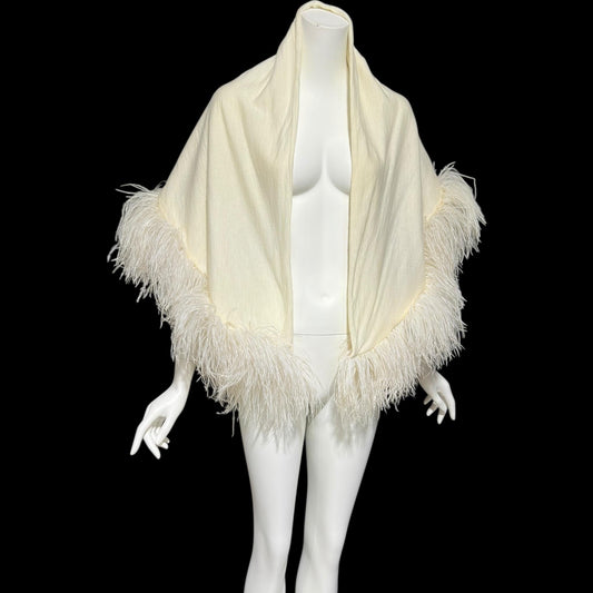 ECHO ORIGINATIONS, Vintage 1930s Ostrich Feather Cape Shawl, Creamy White warm knit evening bridal wrap