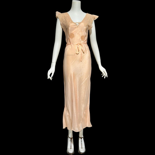 1930s Rayon Slip Dress: Vintage Bias Cut Shiny Peach Nightgown, Lace Trim