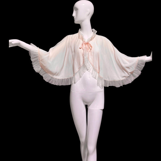 1930s antique vintage pale pink bed jacket, Ruffled satin bed cape robe, one size