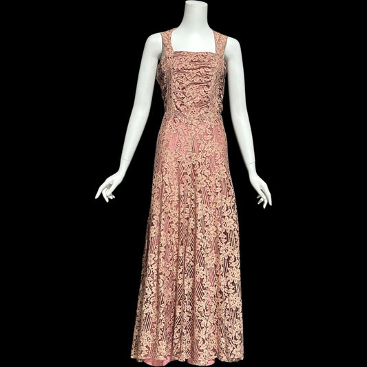 1930s vintage evening dress, Dusty pink lace sheath gown, fully lined