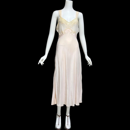 1930s Rayon & Silk Slip Dress: Vintage Bias Cut Pale Pink Nightgown, Lace Trim