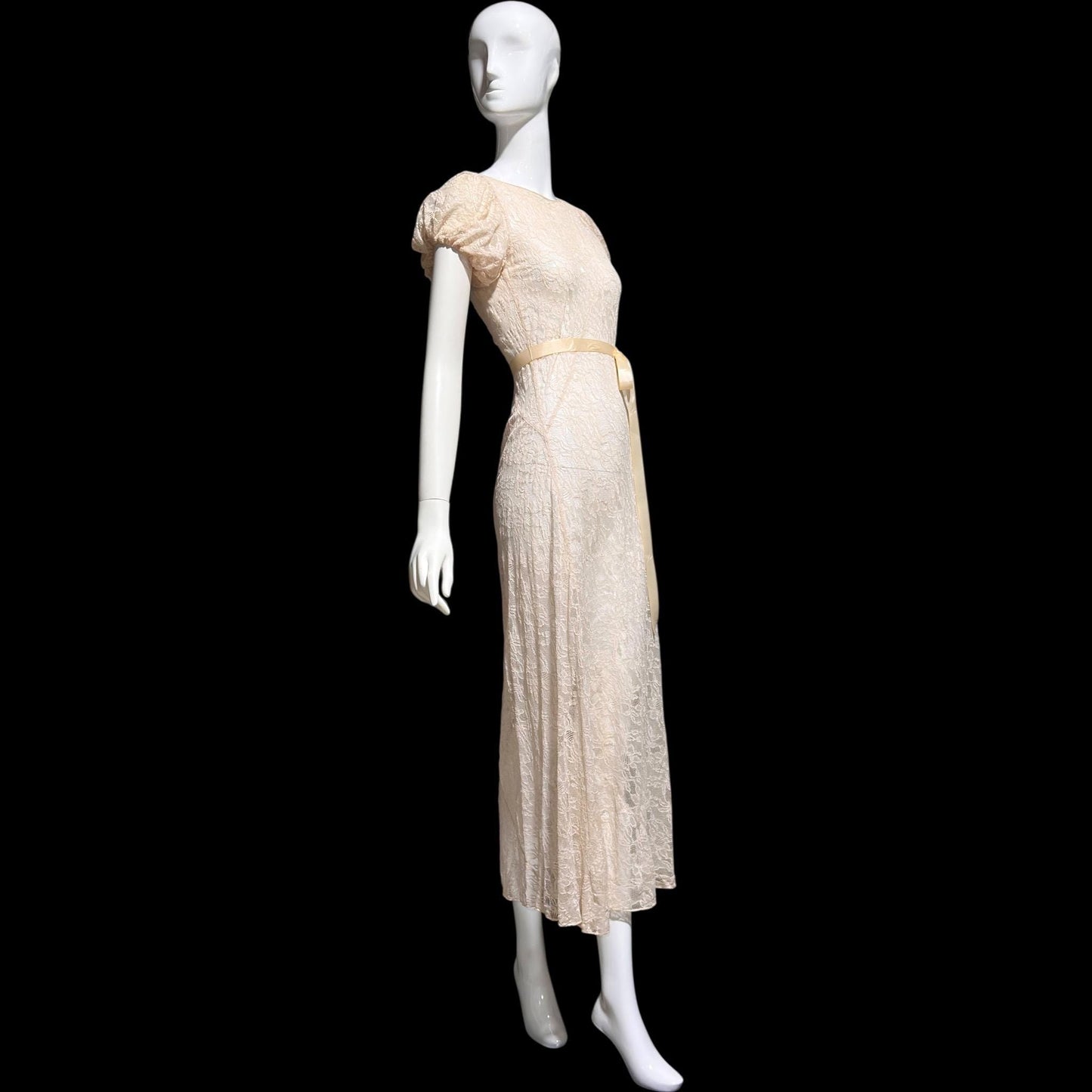 FRANKLIN SIMON vintage 1930s evening dress, totally sheer blush lace, bias cut see through feather weight sheath gown