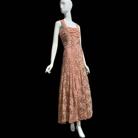 1930s vintage evening dress, Dusty pink lace sheath gown, fully lined