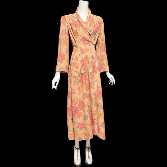1930s vintage silk chintz floral robe, Dusty pink wrap front long house coat, Rehabilitated Wounded Bird