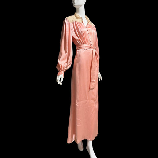 1930s vintage dressing gown robe, Shimmering Peachy pink silk with amazing lace, wrap front house coat loungewear
