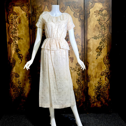 1930s vintage Cotton Day Dress, Ruffle Collar Peplum Batiste Casual Dress