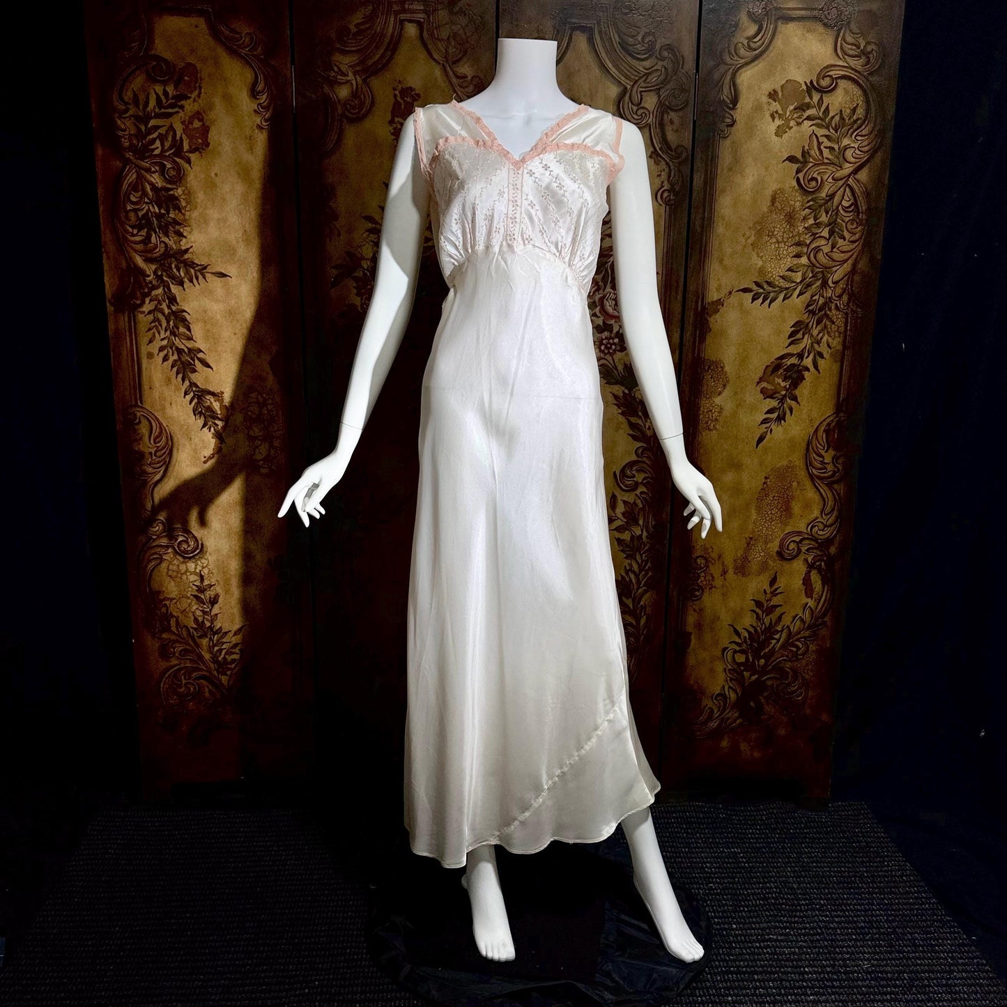 1930s vintage Nightgown Slip Dress, Shiny white and pink embroidered rayon lingerie dress
