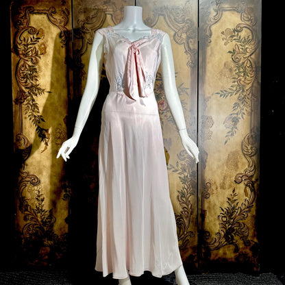 vintage 1930s Nightgown Slip Dress, Silky Pink & Blue Bias Cut Rayon Appliques lingerie dress