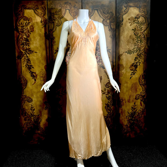 1930s vintage Nightgown slip dress, HAND MADE peach silk bias cut lingerie dress