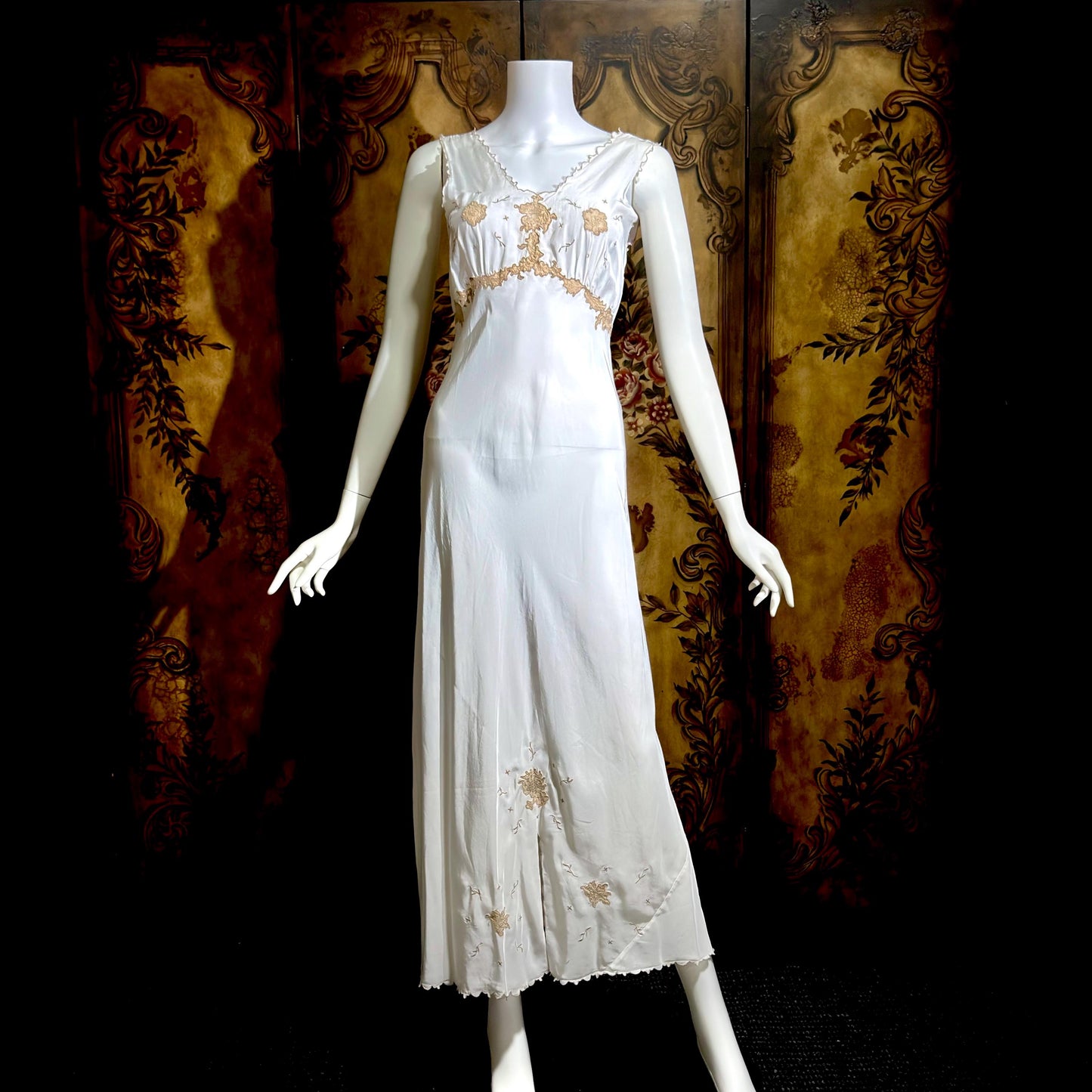 1930s vintage Nightgown slip dress, White lace & cutwork lingerie dress