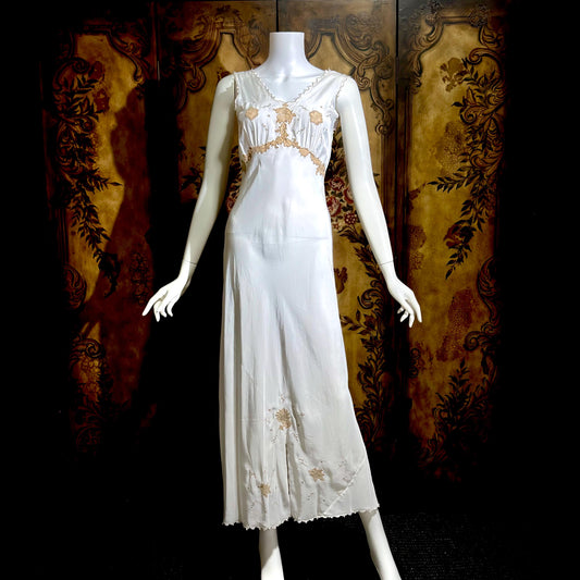 1930s vintage Nightgown slip dress, White lace & cutwork lingerie dress