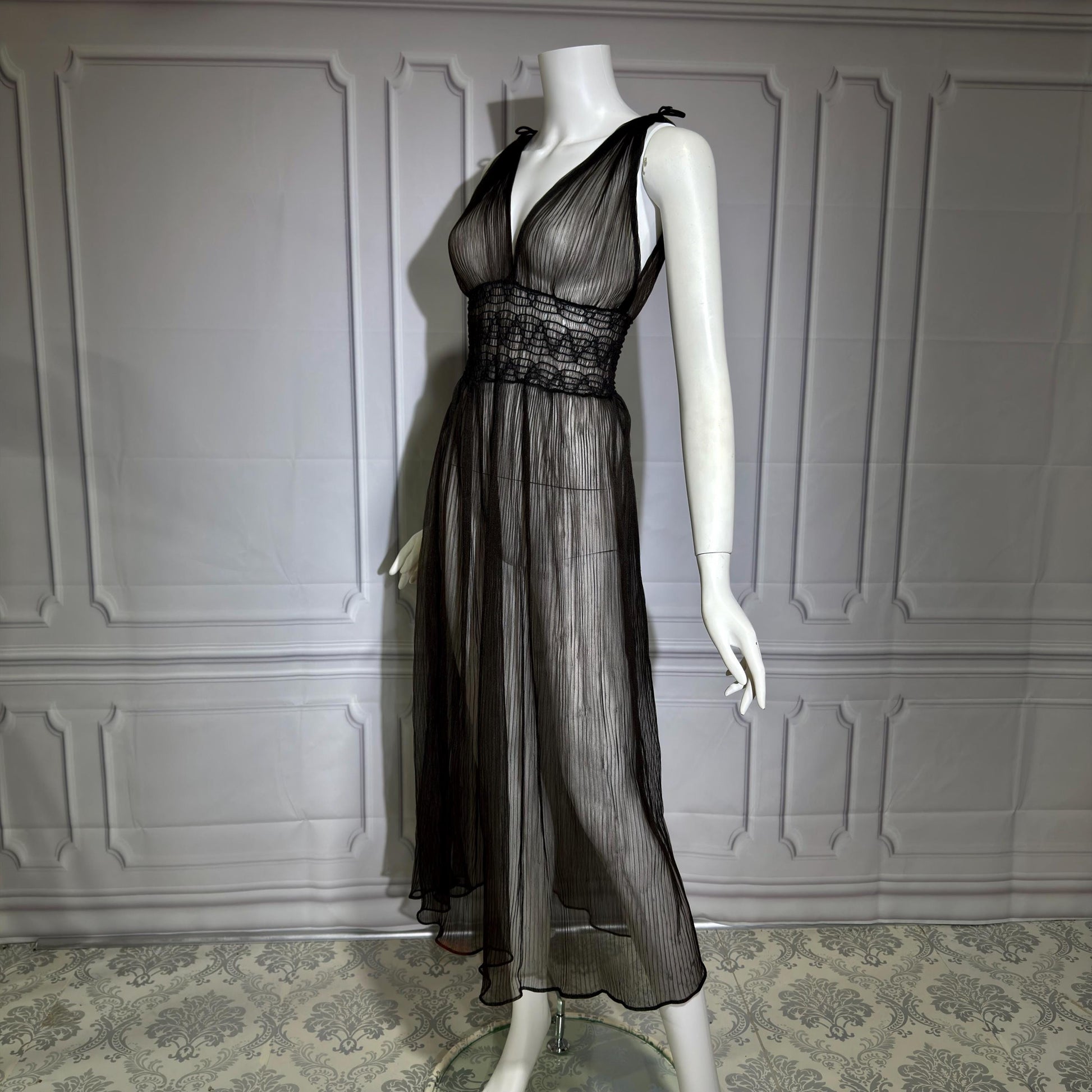 1930s vintage Nightgown slip dress, sheer black micro pleat nylon lingerie dress