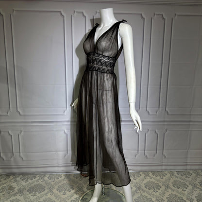 1930s vintage Nightgown slip dress, sheer black micro pleat nylon lingerie dress