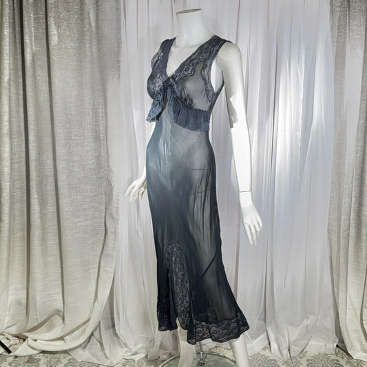 vintage 1930s Nightgown slip dress, sheer sultry black bias cut lingerie dress with ruffles