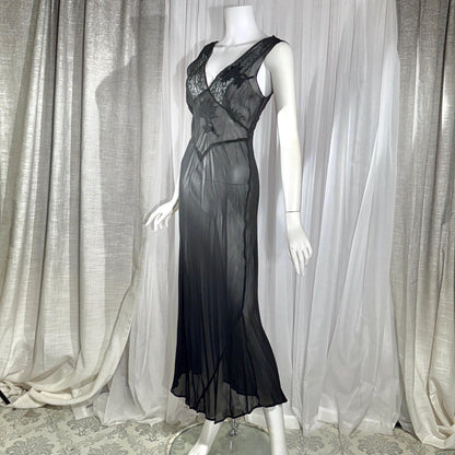 vintage 1930s Nightgown slip dress, sheer sultry black lingerie dress, bias cut with applique