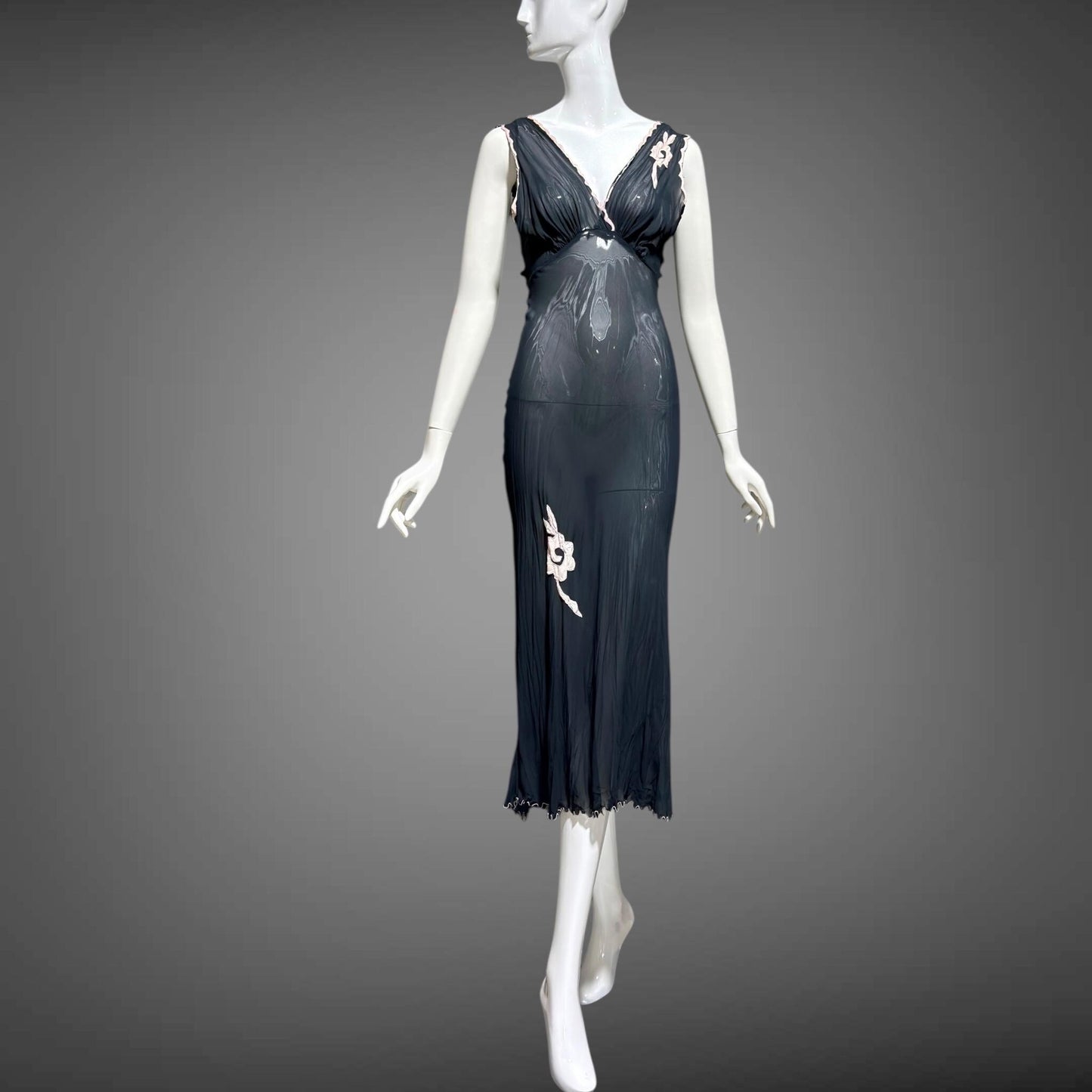 1930s vintage Nightgown slip dress, sheer sultry black lingerie dress, bias cut with applique