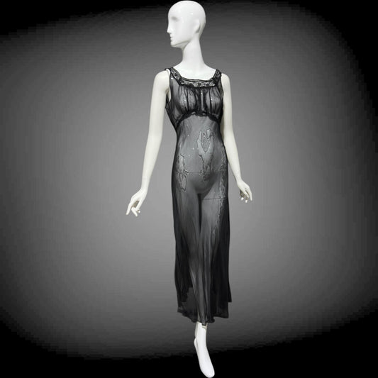 1930s vintage Nightgown slip dress, sheer sultry black night dress, bias cut with lace