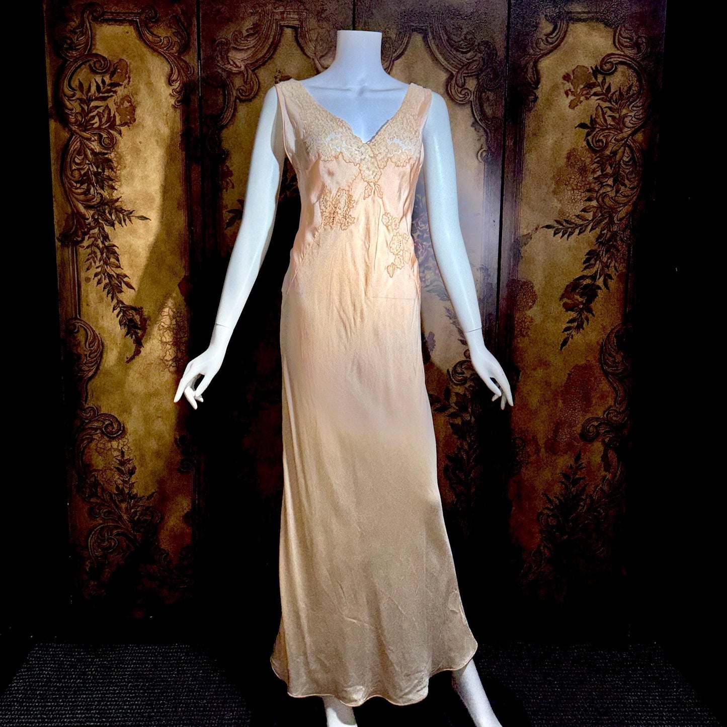 vintage 1930s Peach silk dress, Alencon Lace bias cut lingerie dress, medium