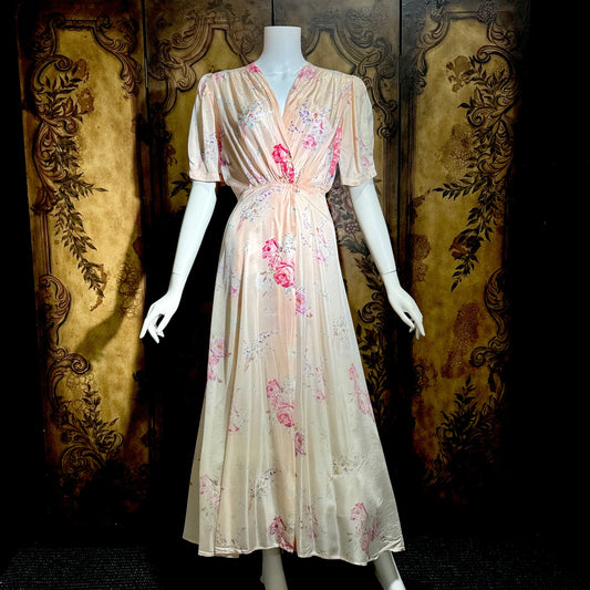1930s vintage dressing gown robe, Peachy Pink Satin Rose print floral wrap hostess gown
