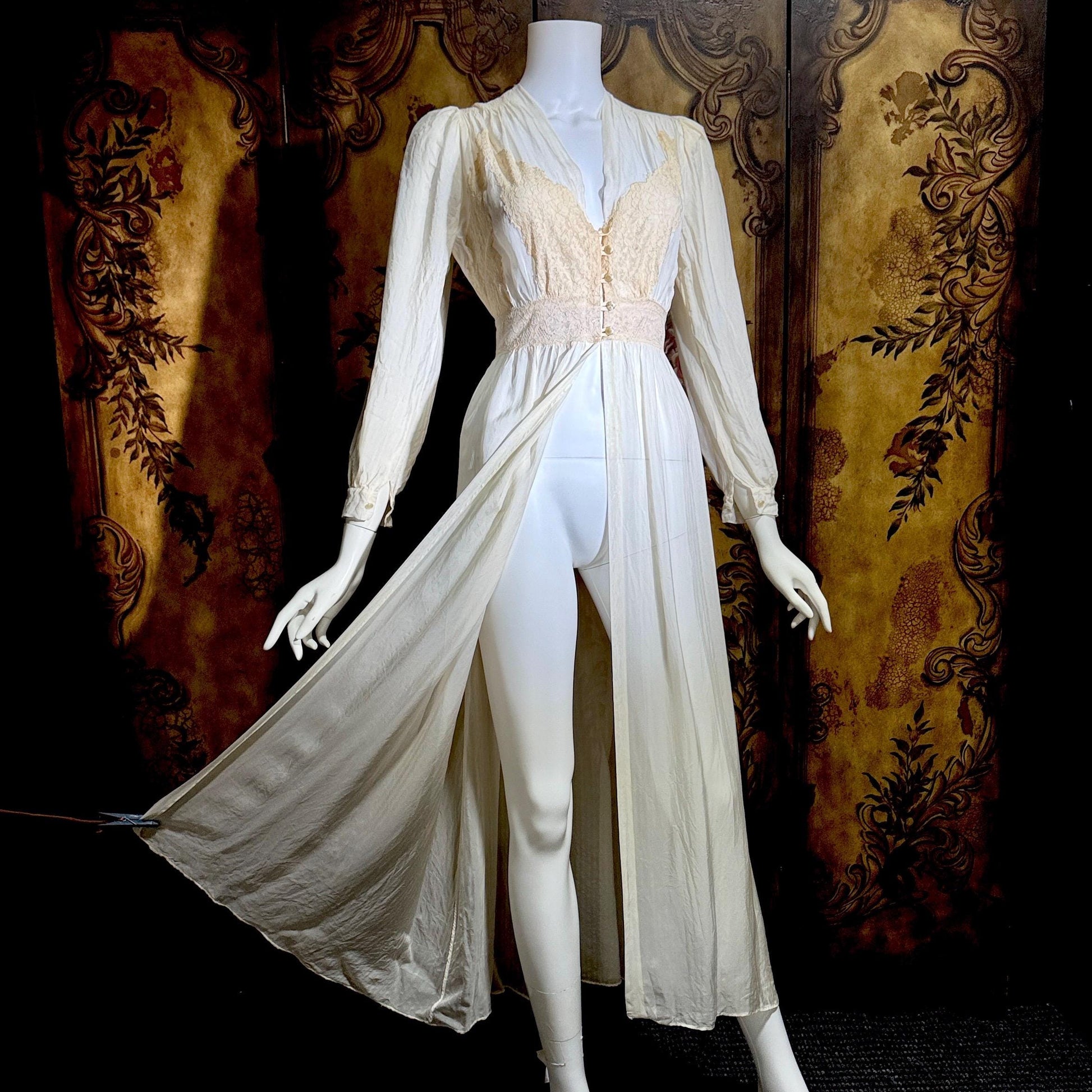 1930s vintage dressing gown robe, sheer off white shadow stripe peignoir housecoat