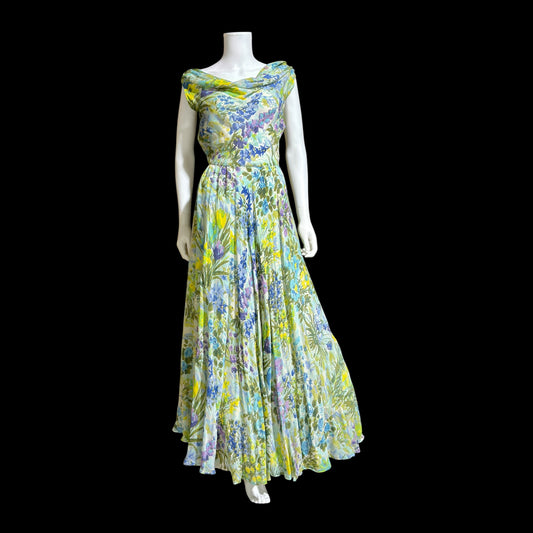 1930s vintage evening dress, Sheer floral watercolor silk cotton blend, cowl neck, feather weight bias cut sheath gown