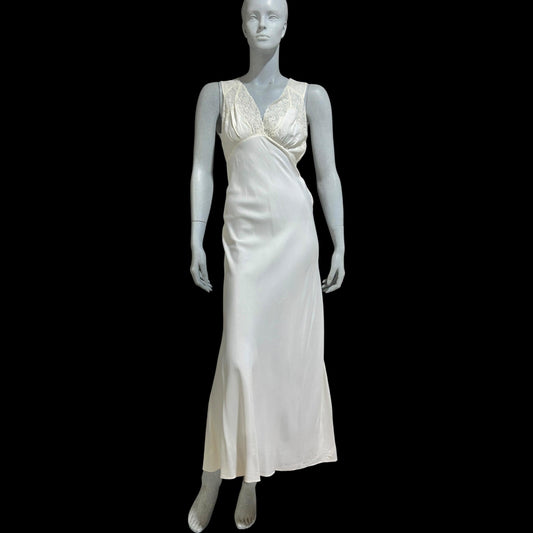 1930s vintage Nightgown slip dress, White rayon and lace bias cut night dress, full length with side snaps