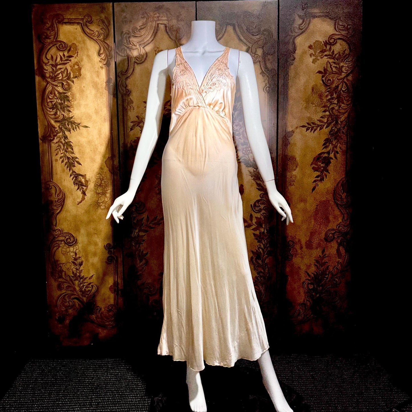 1930s vintage nightgown, SILK slip dress, Hand Embroidered peachy pink bias cut lingerie dress