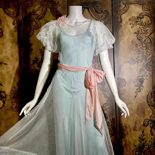 vintage 1930s tulle evening dress, White ruffle Old Hollywood sheer tulle with slip gown
