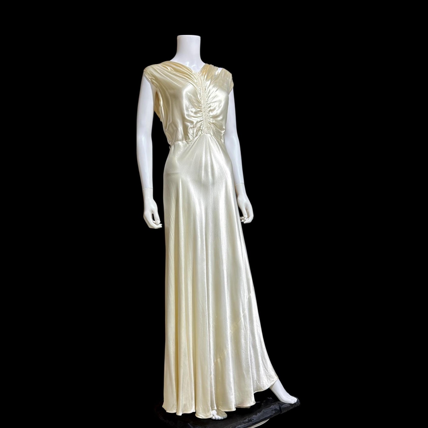 1930s vintage wedding dress, shimmering pearly vanilla liquid satin sheath gown, medium