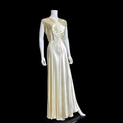 1930s vintage wedding dress, shimmering pearly vanilla liquid satin sheath gown, medium