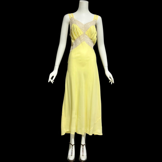 1930s vintage Nightgown slip dress, Sunshine Yellow bias cut lacy night dress, full length