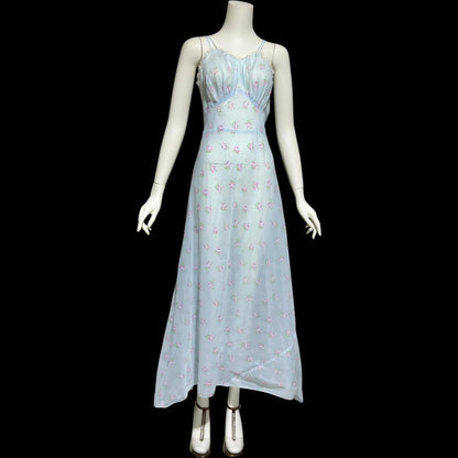 ALBERTA vintage 1940s nightgown slip dress, Sheer dusty blue with with pink rosebuds, Old Hollywood full length gown