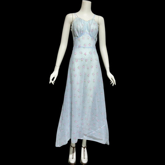 ALBERTA vintage 1940s nightgown slip dress, Sheer dusty blue with with pink rosebuds, Old Hollywood full length gown